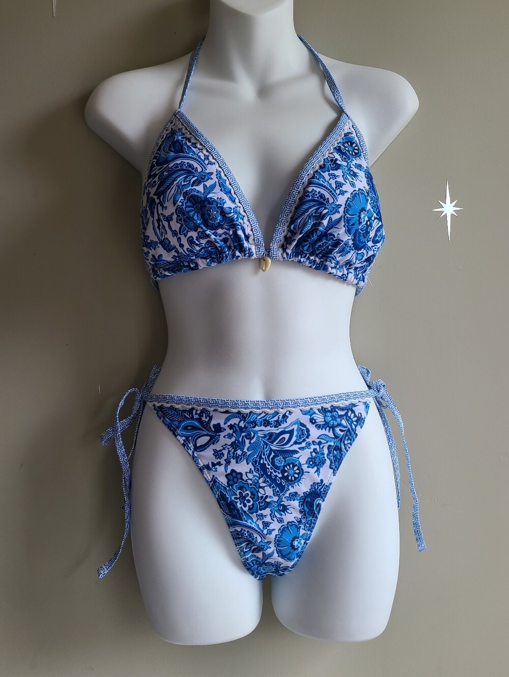Blue & White Floral Paisley String Bikini - Size XL